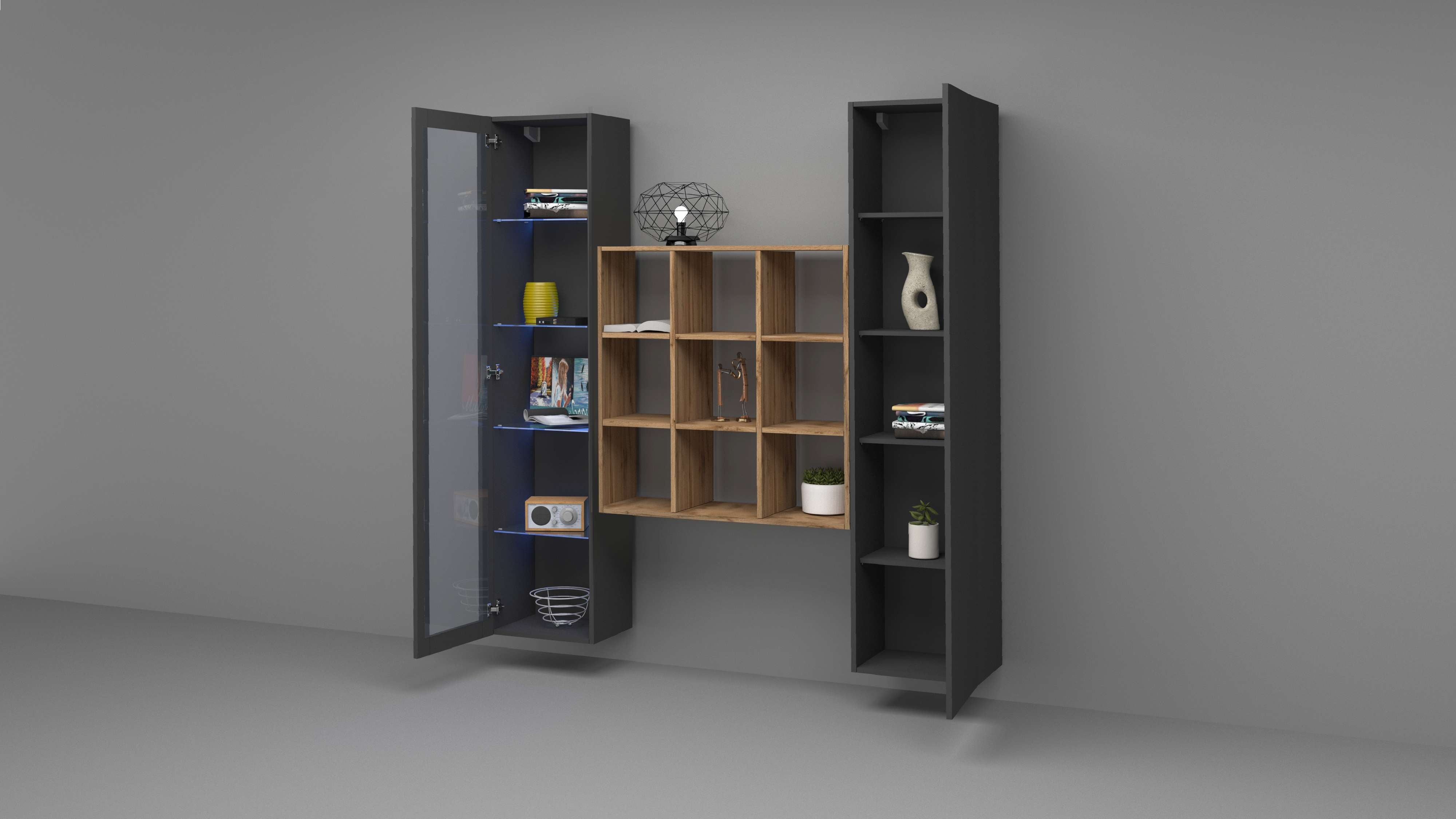 Parete attrezzata sospesa moderna armadio libreria vetrina antracite Tilla RT