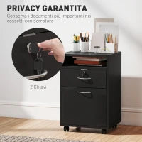 Mobiletto da Ufficio in Legno con Ripiano Aperto, Cassetto con Serratura e Armadietto, 40x35x60 cm, Nero