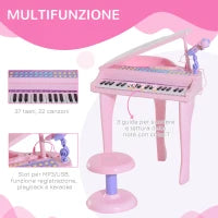 Pianoforte Giocattolo per Bambini , Strumento Musicale Elettrico con 37 Tasti Luminosi, Microfono e Sgabello Inclusi, 48x39x69 cm, Rosa