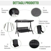 Dondolo da Giardino 3 Posti con Tettuccio Parasole Regolabile e 3 Cuscini, Dondolo da Esterno con Seduta Traspirante in Texteline e Metallo, Portata Fino a 270 kg, 198x118x168 cm, Grigio