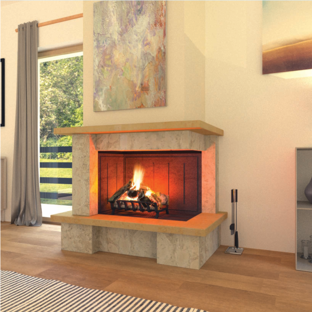 Camino londra rivestimento marmo pietra focolare refrattario ds90 aperto a sx