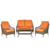 Set Mobili da Giardino in Rattan PE con 2 Poltrone Divano a 2 Posti e Tavolo e Cuscini, Colore Khaki e Arancione