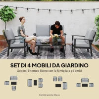 Set da Giardino 4 Pezzi con 2 Poltroncine, Divano 2 Posti e Tavolino, in Alluminio e Fibra, Grigio Carbone