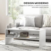Tavolino da Caffè Moderno in Legno a 2 Livelli con Ripiano Aperto, 100x40x41.5 cm, Bianco