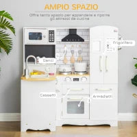Cucina Giocattolo in Legno per Bambini 3-6 Anni con 14 Accessori, Forno e Lavandino, 82x65x87 cm, Bianco