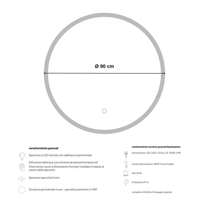 Specchio 5 mm tondo led interruttore touch struttura pvc pannello mdf *** misura Ã˜90, tonalità dimmerabile 2700-450...