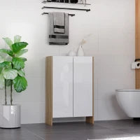 Armadietto a Due Ante per Bagno, Mobiletto da Ingresso o Camera in Legno Color Rovere e Bianco, 60 x 25 x 90cm