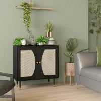 Credenza da Cucina, Mobiletto di Archiviazione a Doppia Anta con 2 Livelli, Design Bohémien,, Frontale in Rattan, 80 x 38 x 79 cm, Nero