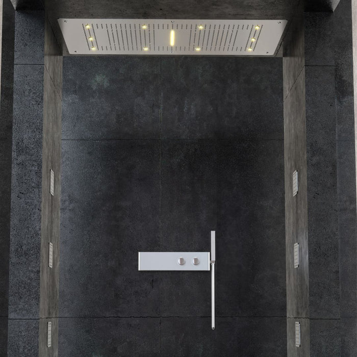 Soffione doccia led a soffitto installazione da incasso con cascata acciaio inox rettangolare
