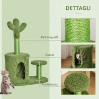 Albero Tiragraffi per Gatti Fino 4.5kg a Forma di Cactus con Palline e Cuccia, 60x35x78cm - Verde