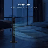 Ventilatore a Torre 45W a 4 Modalità e 3 Velocità con Timer da 12h, in ABS, Ø31.5x96 cm, Nero
