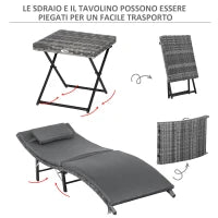 Lettini Prendisole Richiudibili con Cuscini Rimovibili e Tavolino Pieghevole, Set 3 Pz in Rattan, Grigio