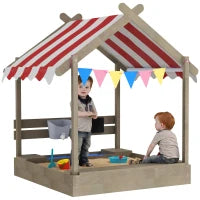 Sabbiera con Tettuccio, Design a Forma di Casa con Set di Giochi, in Legno Massello Trattato, 124 x 116 x 146 cm, Grigio