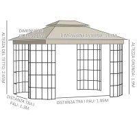 Gazebo da Giardino con Zanzariera, Tetto a 2 Livelli e Struttura in Metallo, 3.7x3m, Beige