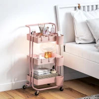 Carrello Ausiliario con Ruote Carro di Stoccaggio Multifunzionale con Ganci e Ceste Sospese 42x38x86,5 cm Rosa
