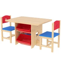 Set Tavolo e Sedie per Bambini 3-7 Anni con 2 Sedie e Tavolo con 4 Contenitori, in Legno e PP, color Legno