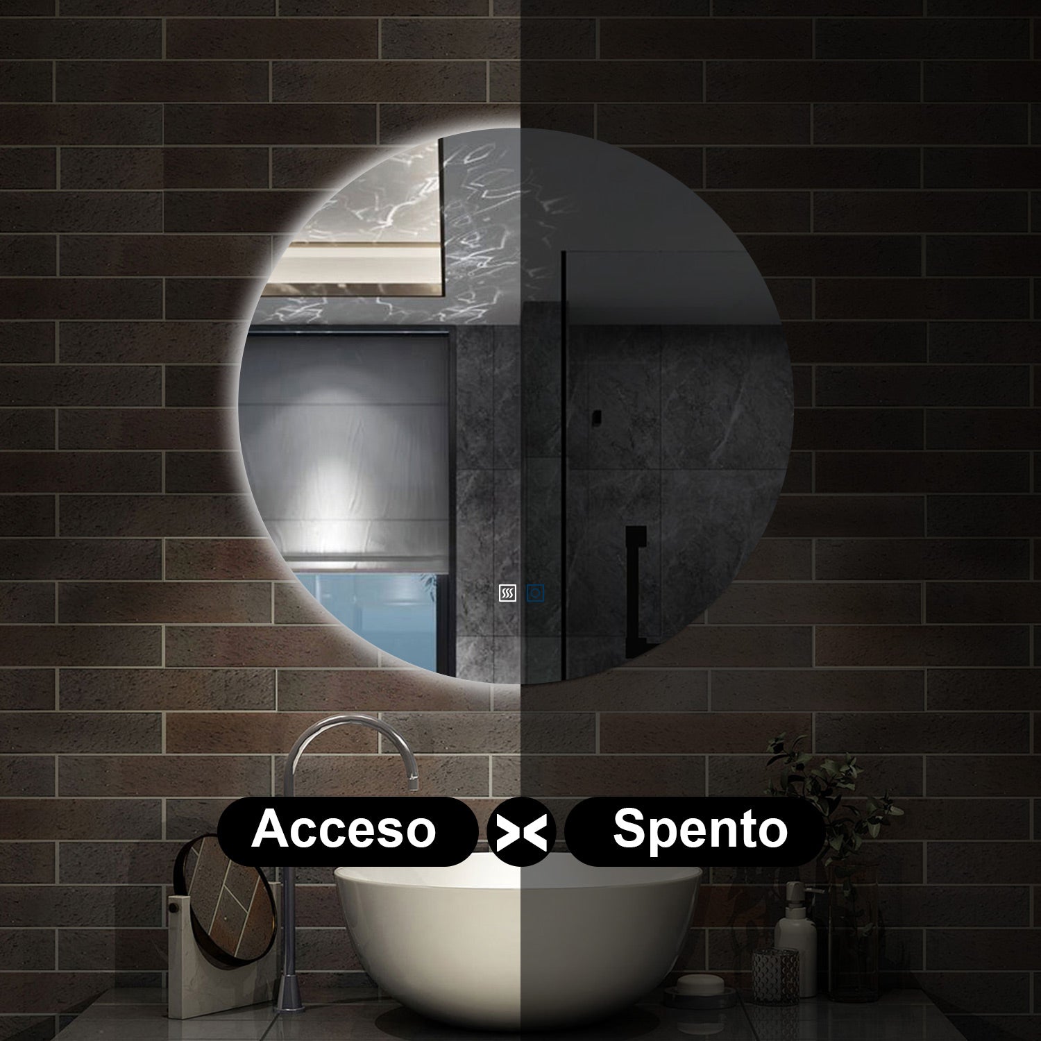 specchio rotondo 80 cm con luce led a 3 colori, antiappannamento e touch