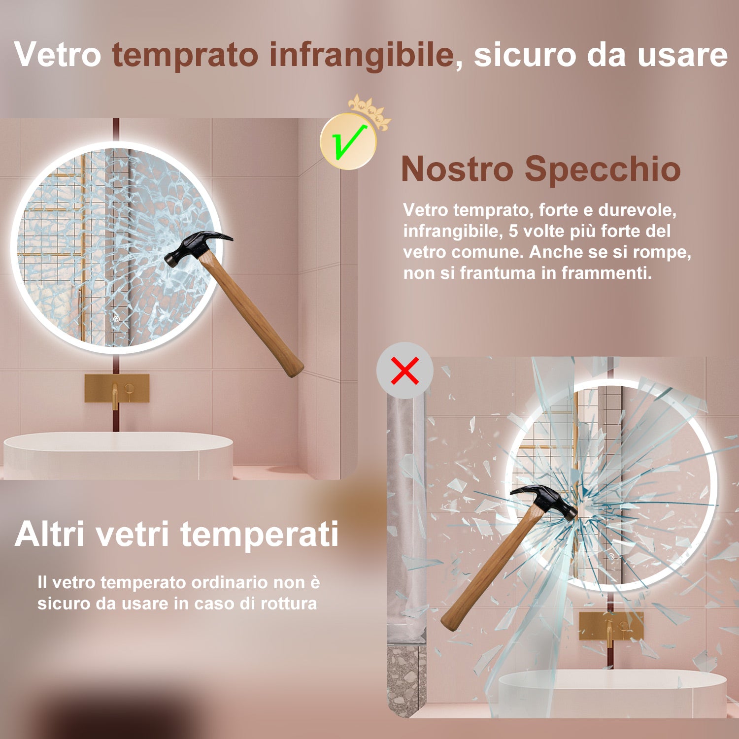 AICA Specchio da bagno 70 x 70 cm, 3 colori, antiappannamento, dimmerabile, interruttore touch, Funzione Memoria