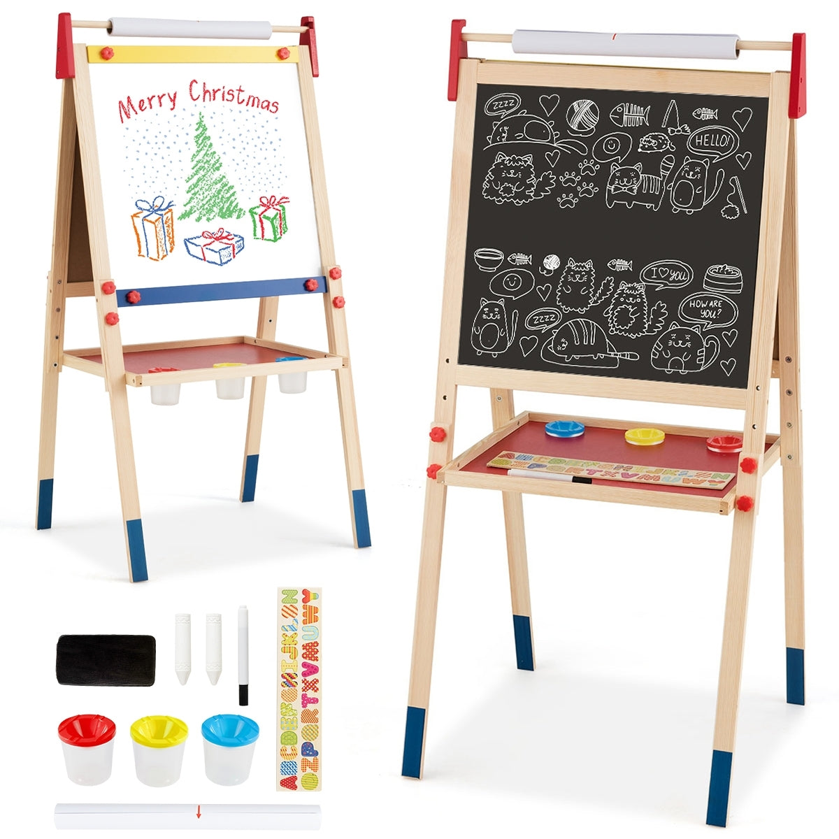 Cavalletto per bambini 3 in 1 in legno con accessori completi, Lavagna e lavagna bianca double face regolabili 50x47cm-Cavalletti e lavagne bambini