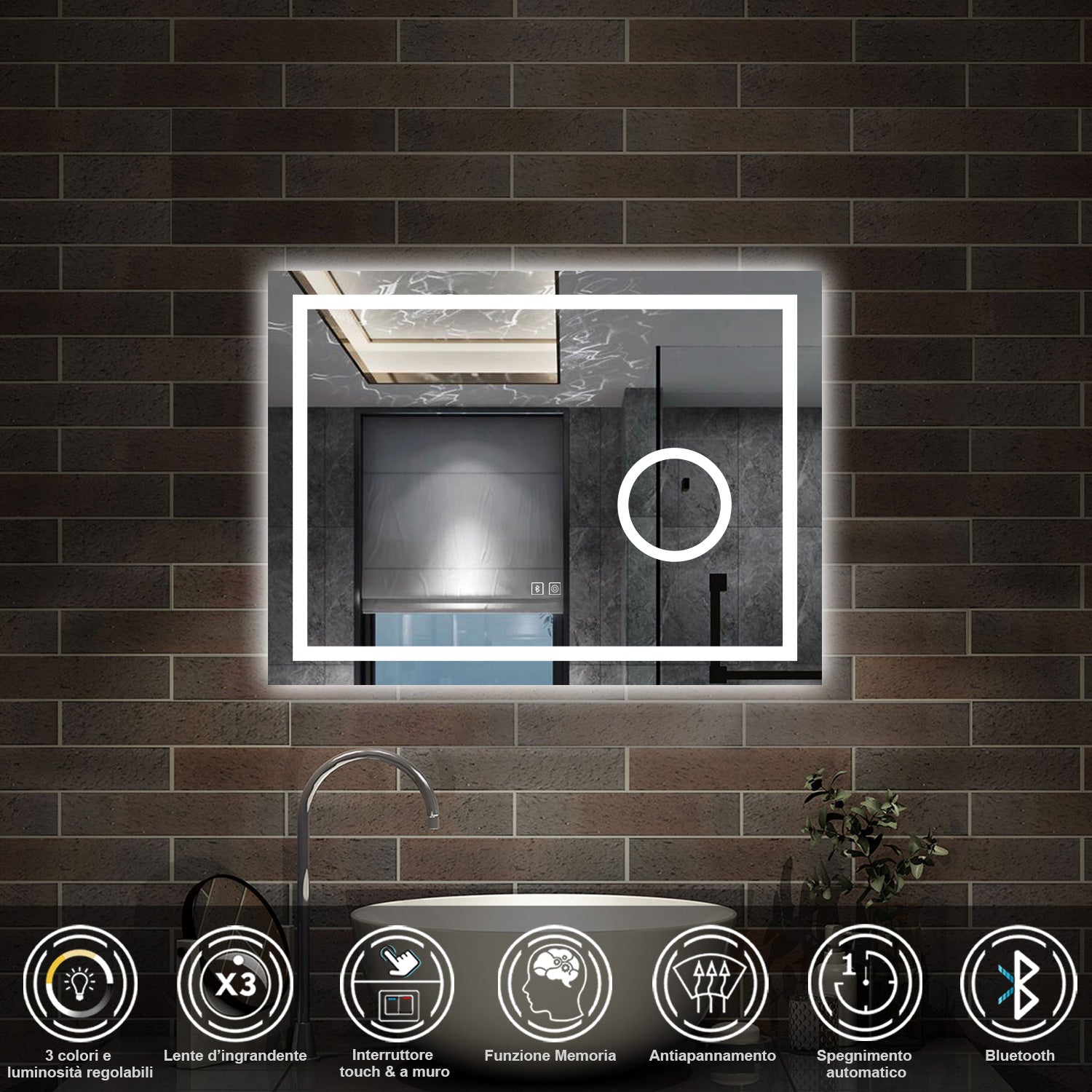 80 x 60 cm,AICA Specchio da Bagno LED con Luce, 3 Colori Regolabili,Blue tooth, Ingrandimento,memoria, antiappannamento,CRI>90,autospegnimento