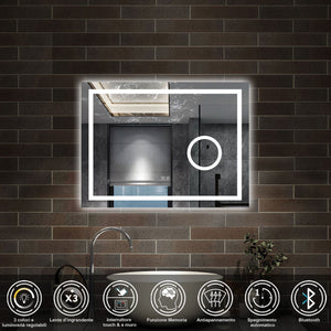80 x 60 cm,AICA Specchio da Bagno LED con Luce, 3 Colori Regolabili,Blue tooth, Ingrandimento,memoria, antiappannamento,CRI>90,autospegnimento
