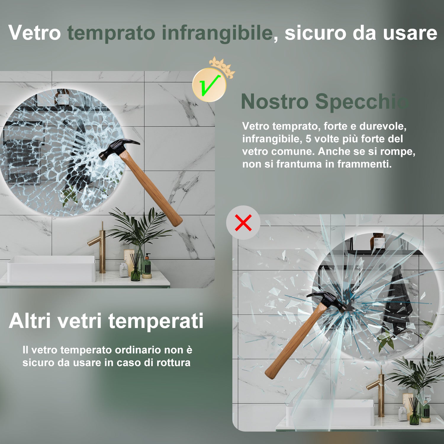 AICA Specchio da bagno 60 x 60 cm, antiappannamento, dimmerabile, interruttore touch, Funzione Memoria