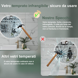 AICA Specchio da bagno 60 x 60 cm, antiappannamento, dimmerabile, interruttore touch, Funzione Memoria