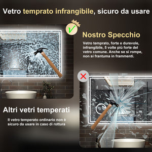 120 x 70 cm,AICA Specchio da Bagno LED con Luce, 3 Colori Regolabili,Ingrandimento, orologio,memoria, antiappannamento,CRI>90,autospegnimento