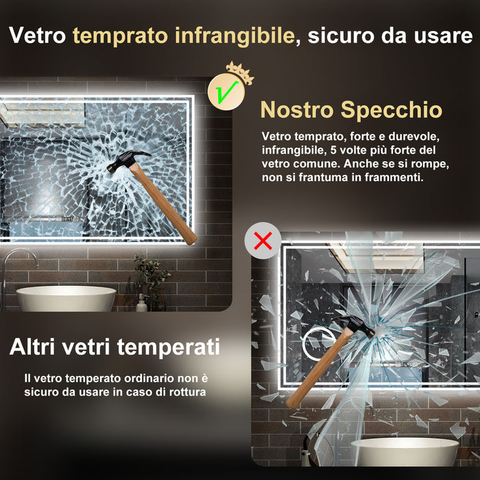 120 x 70 cm,AICA Specchio da Bagno LED con Luce, 3 Colori Regolabili,Ingrandimento, orologio,memoria, antiappannamento,CRI>90,autospegnimento