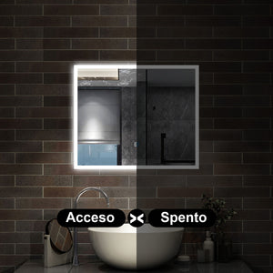 specchio rettangolare 90x70 cm con luce led, antiappannamento e touch