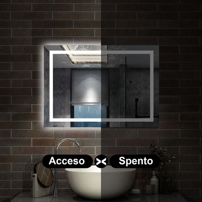 specchio rettangolare 70 x 50 cm con luce led antiappannamento e touch, 3 colori