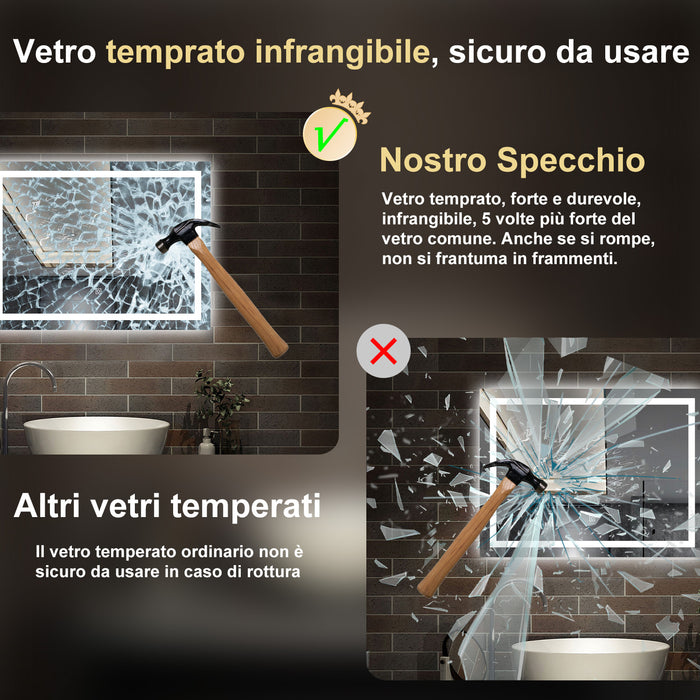 80 x 60 cm,AICA Specchio da Bagno LED con Luce, memoria, antiappannamento,CRI>90,autospegnimento,interruttore touch