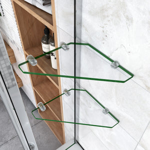 120x140 cm Parete Doccia Per Vasca Girevole 240° Vetro Temperato 6 mm Trasparente Inclusi Due Ripiani Maniglia Portasciugamani Telaio Cromo Lucido