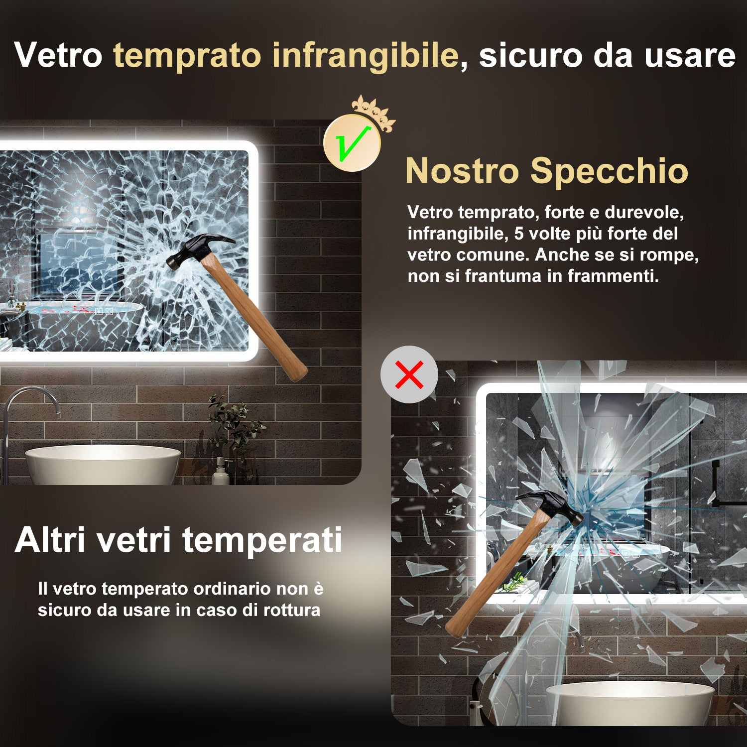 specchio rettangolare 70 x 50 cm con luce led a 3 colori, antiappannamento e touch, bluetooth