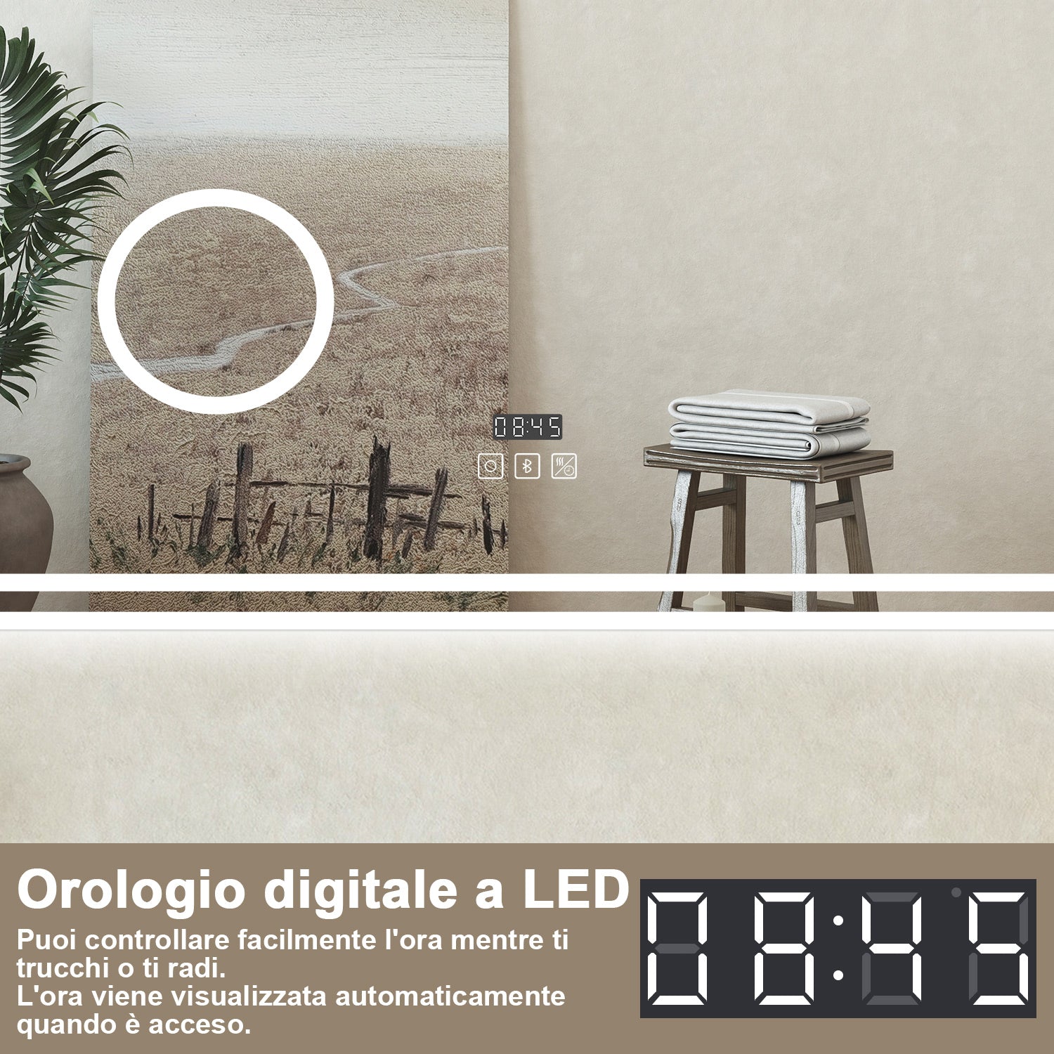 Specchio Luminoso da Bagno 120x70cm con Bluetooth, 3 Luci LED, Regolabile, Lente d'Ingrandimento, Orologio, Anti-Appannamento e Memoria