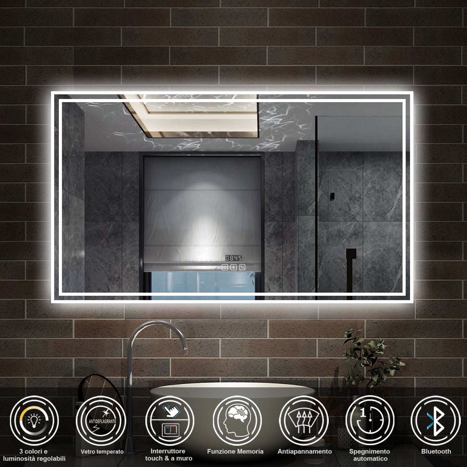 140 x 80 cm,AICA Specchio da Bagno LED con Luce, 3 Colori Regolabili,Blue tooth,orologio,memoria, antiappannamento,CRI>90,autospegnimento
