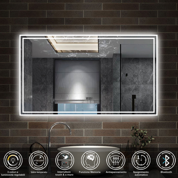 140 x 80 cm,AICA Specchio da Bagno LED con Luce, 3 Colori Regolabili,Blue tooth,orologio,memoria, antiappannamento,CRI>90,autospegnimento