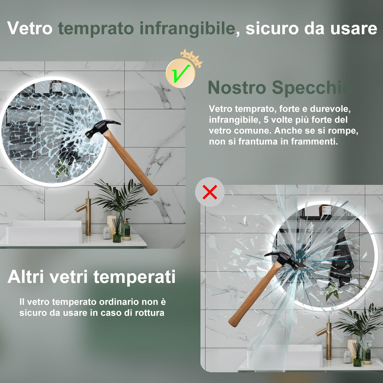 AICA Specchio da bagno 80 x 80 cm, 3 colori, antiappannamento, dimmerabile, interruttore touch, Funzione Memoria