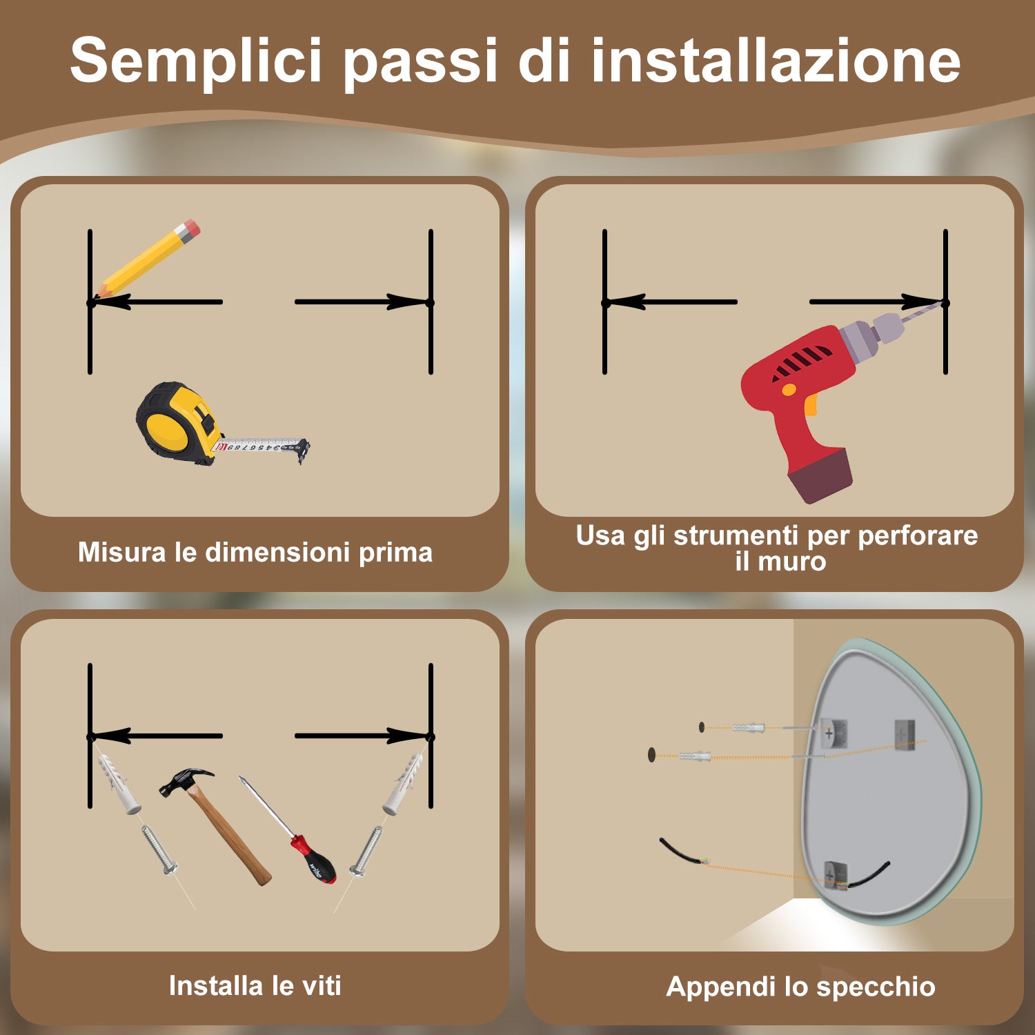 80 x 65 cm Specchio con illuminazione integrata bagno ciottolo. Touch. 3 Temperature Colore. Pellicola Antideflagrante