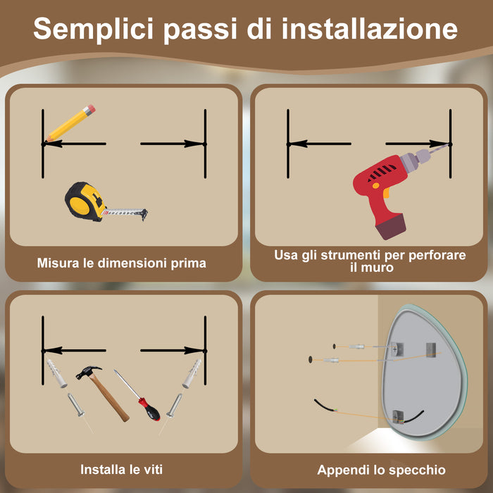 80 x 65 cm Specchio con illuminazione integrata bagno ciottolo. Touch. 3 Temperature Colore. Pellicola Antideflagrante