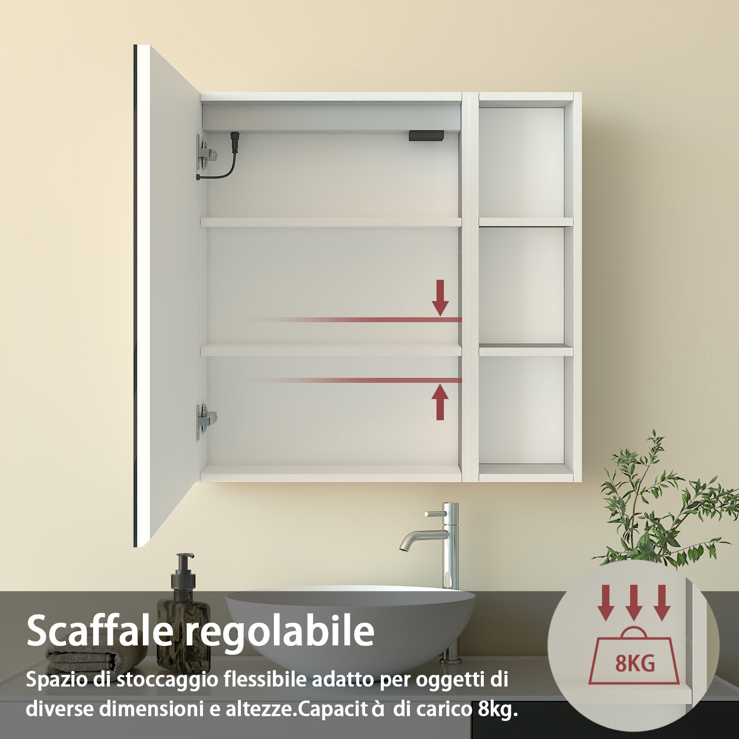 Mobiletto Specchiera Pensile da Bagno 50x70 cm, Bianco