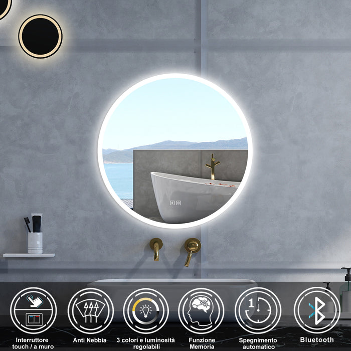 Specchio da bagno Rotondo con 70cm,Blue tooth,3 colori,Memoria, Antifog,Regorabile,Retroilluminato,doppio interruttore,