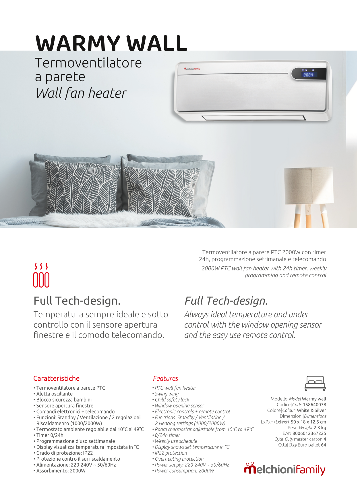 Melchioni Family Termoventilatore da parete warmy wall PTC con oscillazione sicurezza bambini telecomando timer display 2000W