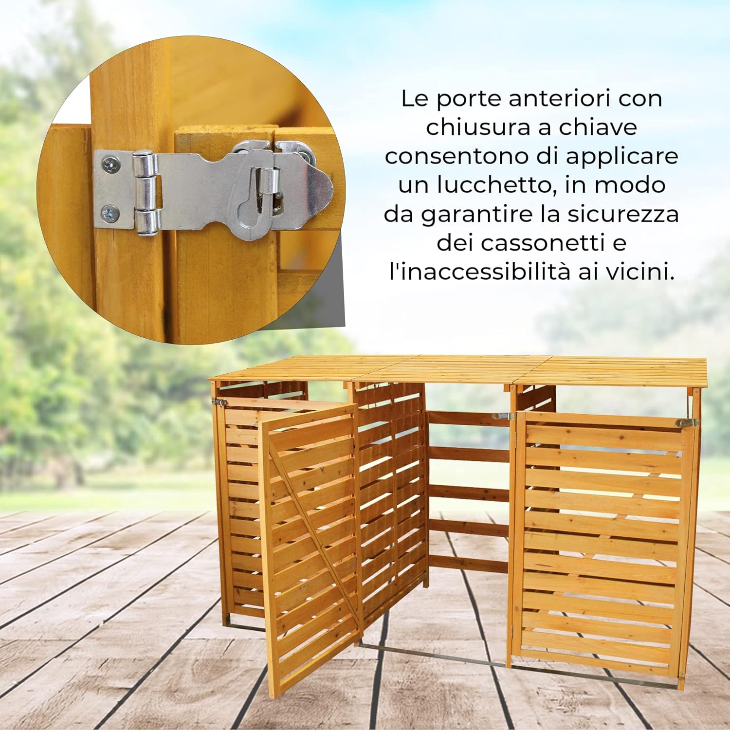 Triplo Copribidone della Spazzatura in Legno Robusto per Contenere 3 Bidoni 240L