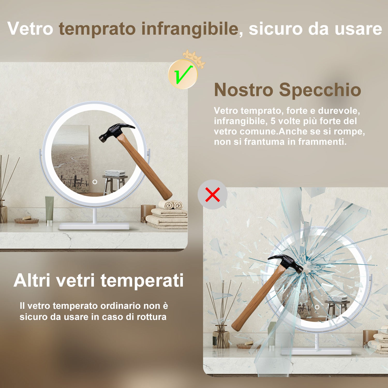 40x48cm Specchio da trucco a posizionamento statico LED + Touch Control + 3 temperature di colore regolabili