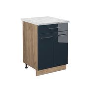 Mobiletto base per cucina Fame-Line Blu scuro lucido/Rovere dorato 60 cm con cassetto, PL Marmo Vicco
