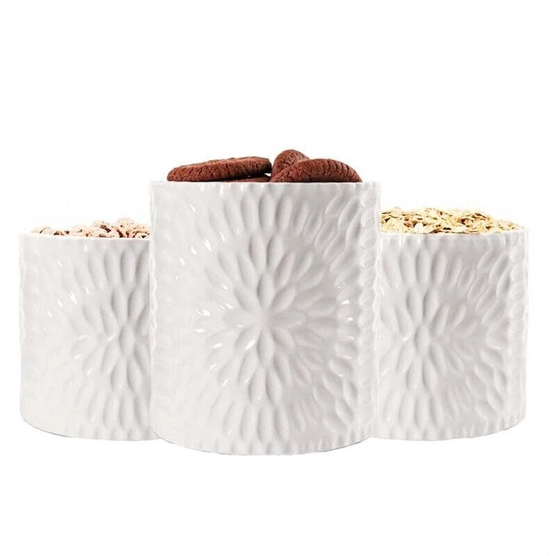 TRIS DI BISCOTTIERE IN CERAMICA CON TAPPO IN LEGNO 2 DA 10X12.5 CM E UNA 13X16 CM BIANCHE