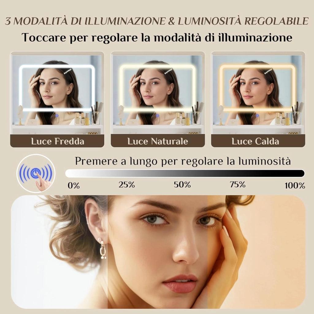 Toeletta Trucco con Specchio, Luci LED Regolabili, Ripiani Regolabili con 2 Cassetti，Postazione Trucco,Tavolo da Toilette Moderno in Legno Bianco