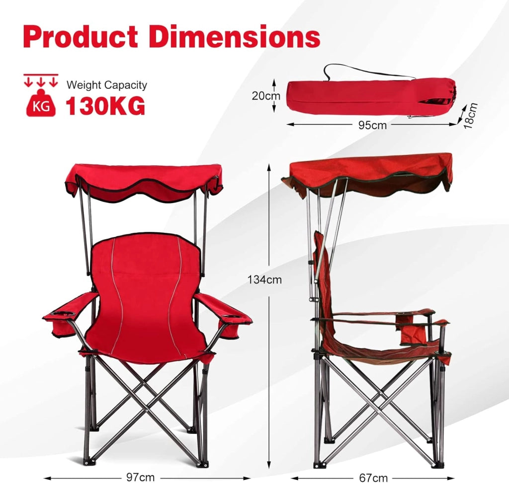 Sedia da campeggio con baldacchino, ombra, sedia da spiaggia e beach chair, pieghevole, con portabevande e borsa, per esterni, fino a 130 kg (rosso)