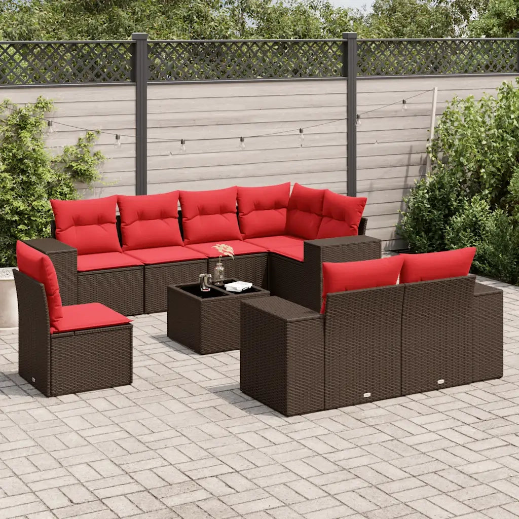Set Divani da Giardino 9 pz con Cuscini Marrone in Polyrattan 3222853